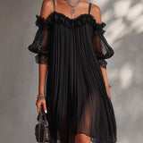 Vittoria | Mini abito nero in chiffon con spalle scoperte e bordino in pizzo