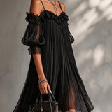 Vittoria | Mini abito nero in chiffon con spalle scoperte e bordino in pizzo