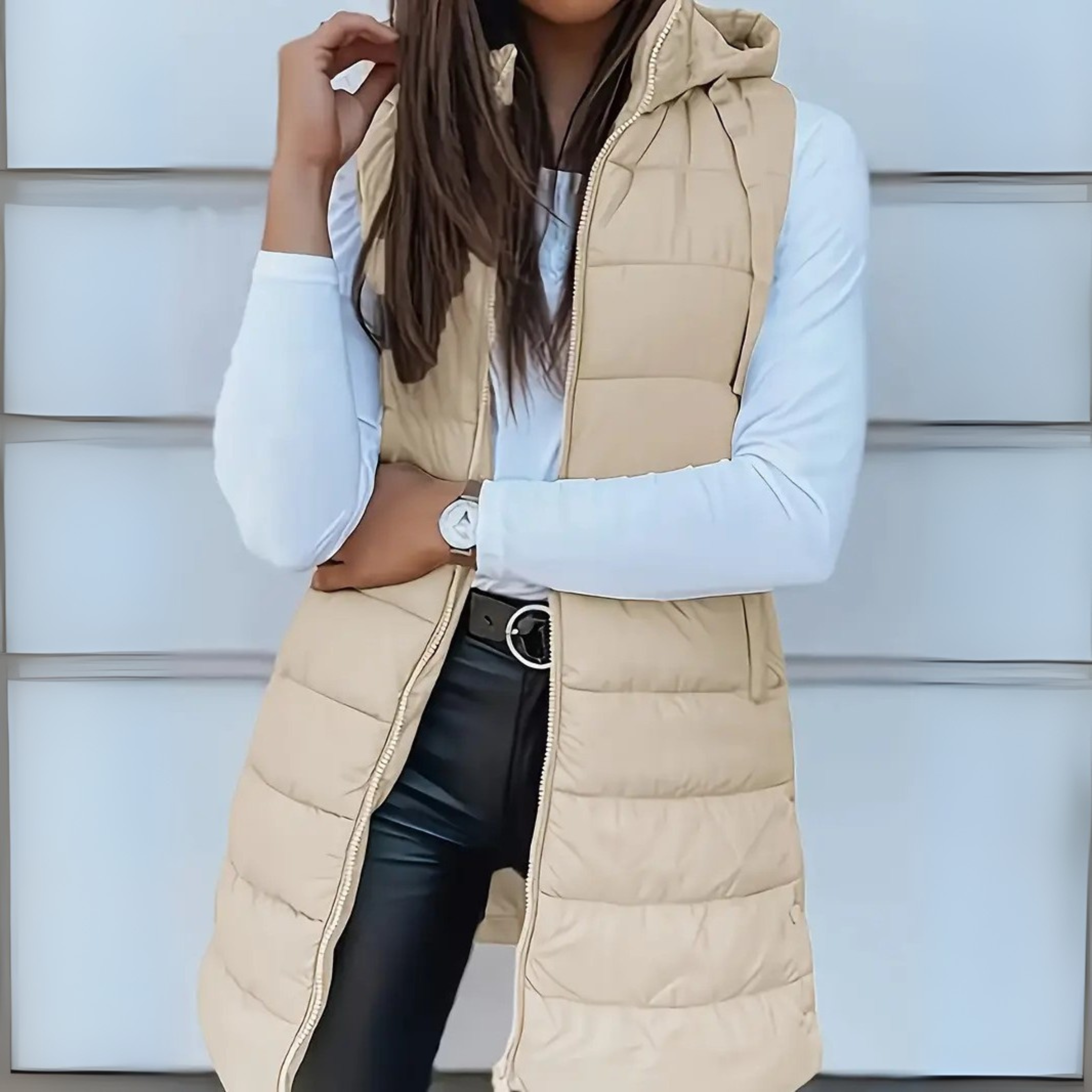 Raquel - Ležérní dlouhý bezrukávový vest s kapucí