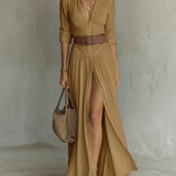 Pamela - Long Maxi Dress with Notched Collar and Long Sleeves for Women