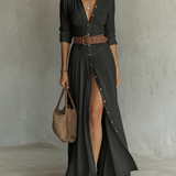 Pamela - Long Maxi Dress with Notched Collar and Long Sleeves for Women