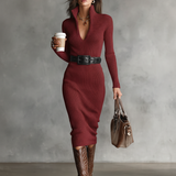 Midi pletené šaty s V-výstřihem Slim Fit