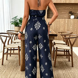 Macacão Feminino com Decote Halter, Sem Mangas, Estampa Floral, Perna Larga, Casual, Boho, Primavera, Verão, Férias, Praia, Leve