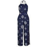Macacão Feminino com Decote Halter, Sem Mangas, Estampa Floral, Perna Larga, Casual, Boho, Primavera, Verão, Férias, Praia, Leve
