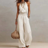 Macacão Feminino Elegante de Chiffon Sem Mangas, Cintura Alta, Plissado, Fluido, Perna Larga, Peça Única, Casual para Feriados e Streetwear