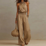Macacão Feminino Elegante de Chiffon Sem Mangas, Cintura Alta, Plissado, Fluido, Perna Larga, Peça Única, Casual para Feriados e Streetwear