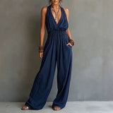 Macacão Vintage Feminino Sólido com Gola Halter, Sem Mangas, Decote V, Cintura Franzida, Calça Solta de Perna Larga, Casual para Praia e Uso Diário, Peça Única