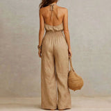 Macacão Feminino Elegante de Chiffon Sem Mangas, Cintura Alta, Plissado, Fluido, Perna Larga, Peça Única, Casual para Feriados e Streetwear