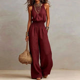Macacão Feminino Elegante de Chiffon Sem Mangas, Cintura Alta, Plissado, Fluido, Perna Larga, Peça Única, Casual para Feriados e Streetwear