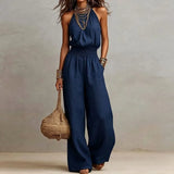 Macacão Feminino Elegante de Chiffon Sem Mangas, Cintura Alta, Plissado, Fluido, Perna Larga, Peça Única, Casual para Feriados e Streetwear