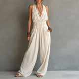 Macacão Vintage Feminino Sólido com Gola Halter, Sem Mangas, Decote V, Cintura Franzida, Calça Solta de Perna Larga, Casual para Praia e Uso Diário, Peça Única