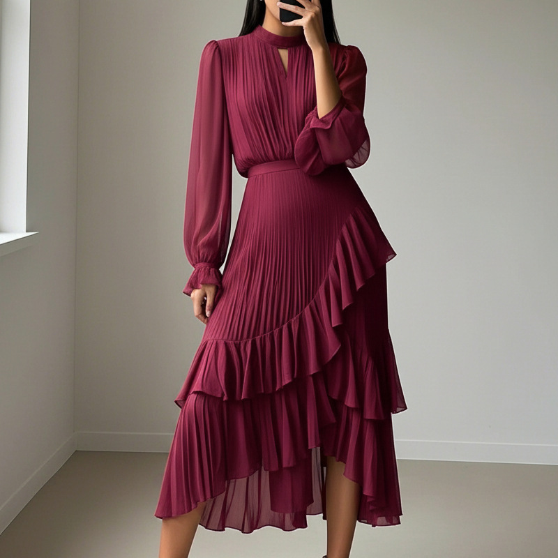 Elegantní midi šaty s plisováním a volány